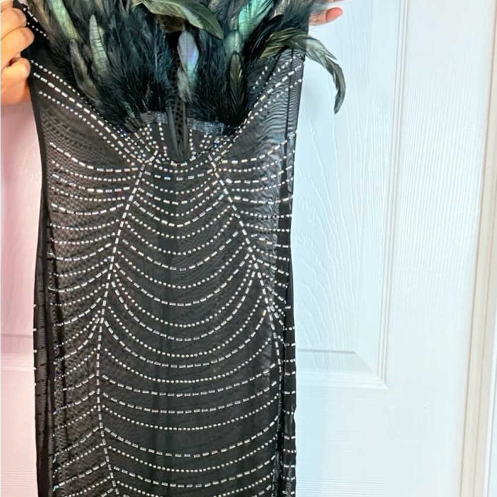 Black Feather Trim Beaded see-through Dress